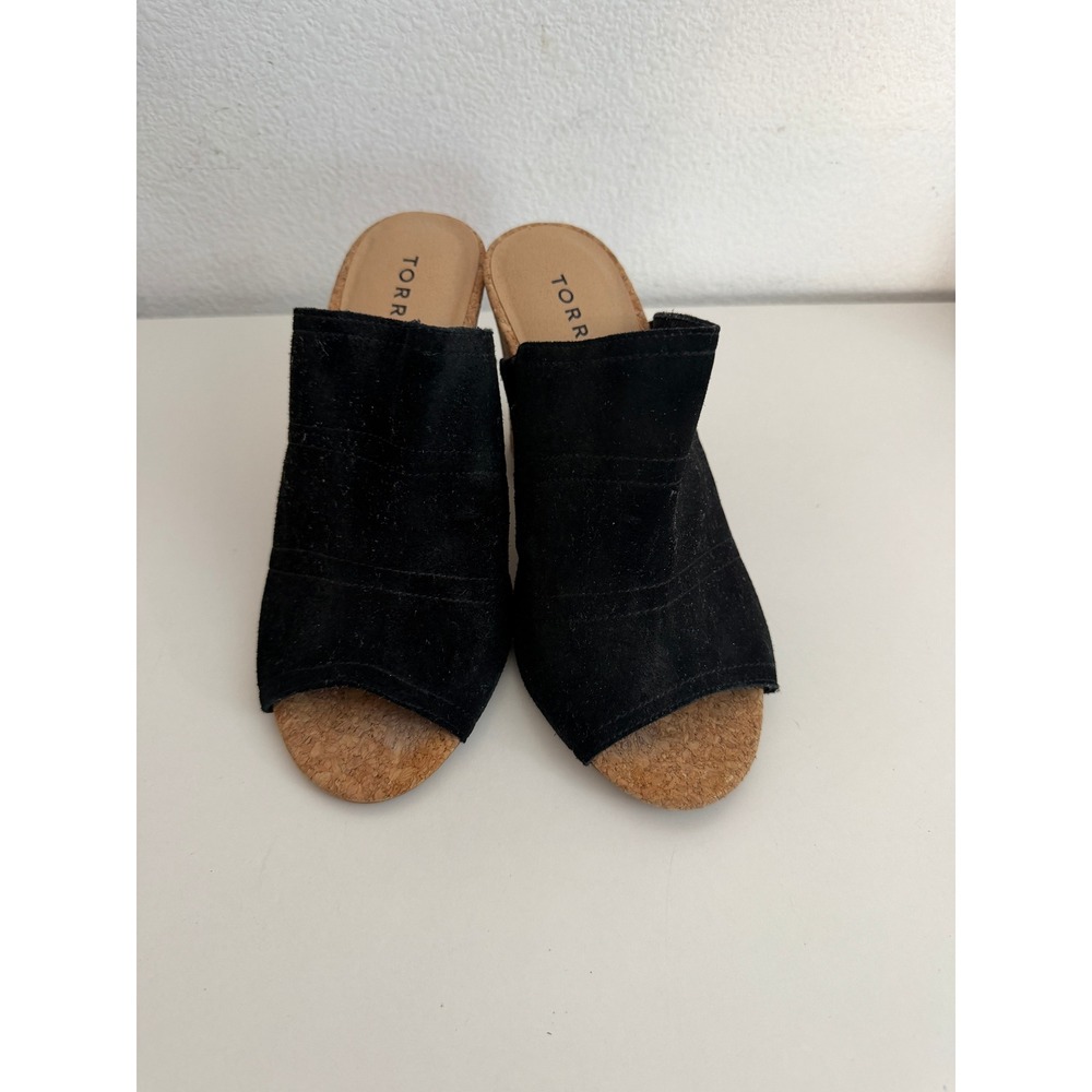 Torrid Black Genuine Suede Cork Block Heel Peep Toe Mule Sandals 8W 4556-Q8L - Picture 2 of 6